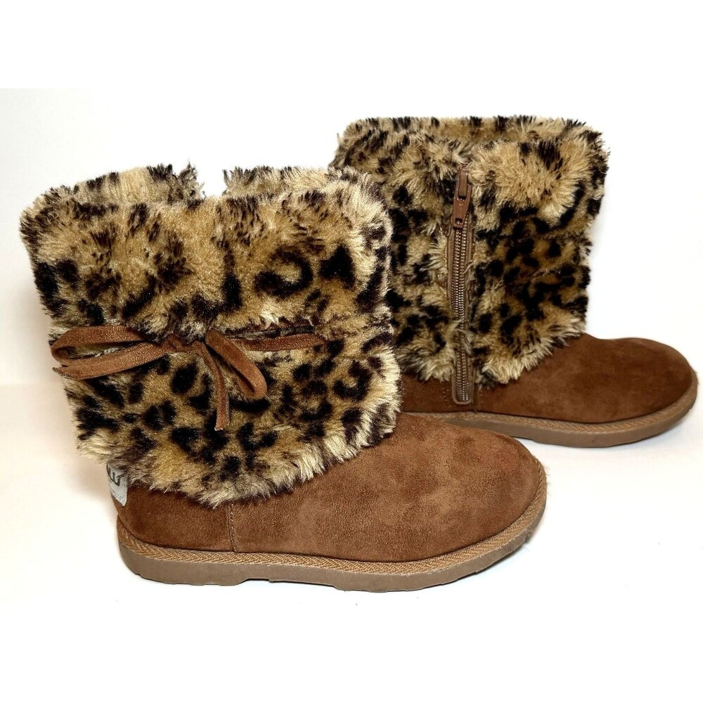 Makalu California Girls 12M Brown Leopard Faux Fur Winter Boots Zip Bow